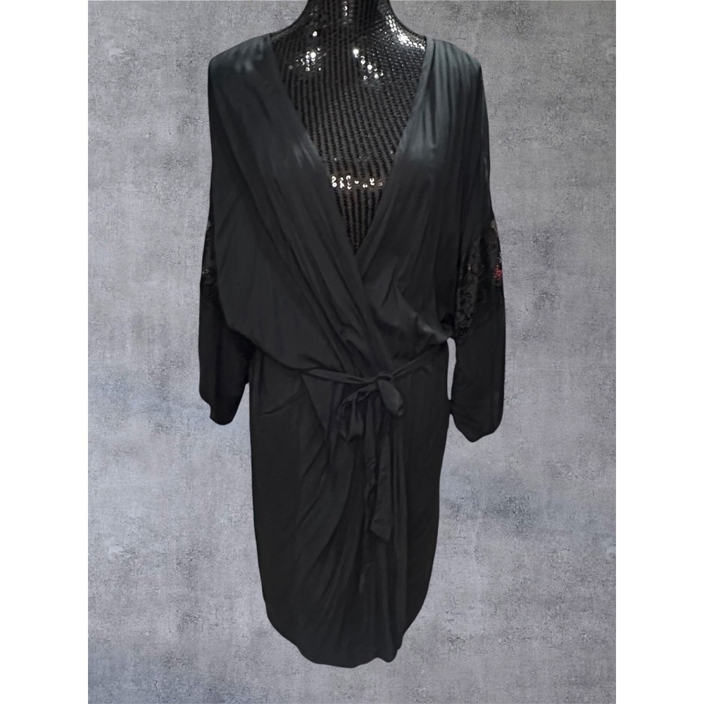 Adore Me Ben Robe Women XL Jet Black NEW Lace Sleeve Wrap Loungewear 68200